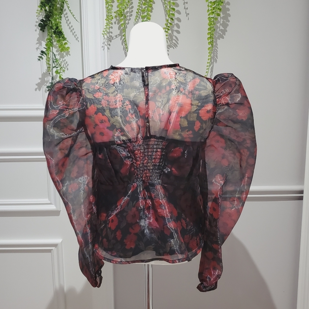 Floral Organza Puff Sleeve Babydoll Top - Picture 6 of 15